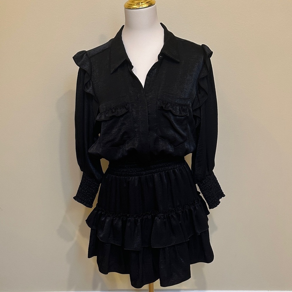 Misa Los Angeles Black Long Sleeve Ruffle Mini Dress • Smocked Waist • Size M